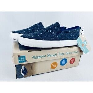 Lily & Dan Galaxy Stars Memory Foam Canvas Slip On 2/3 Kids Sneakers Shoes‎ NWT
